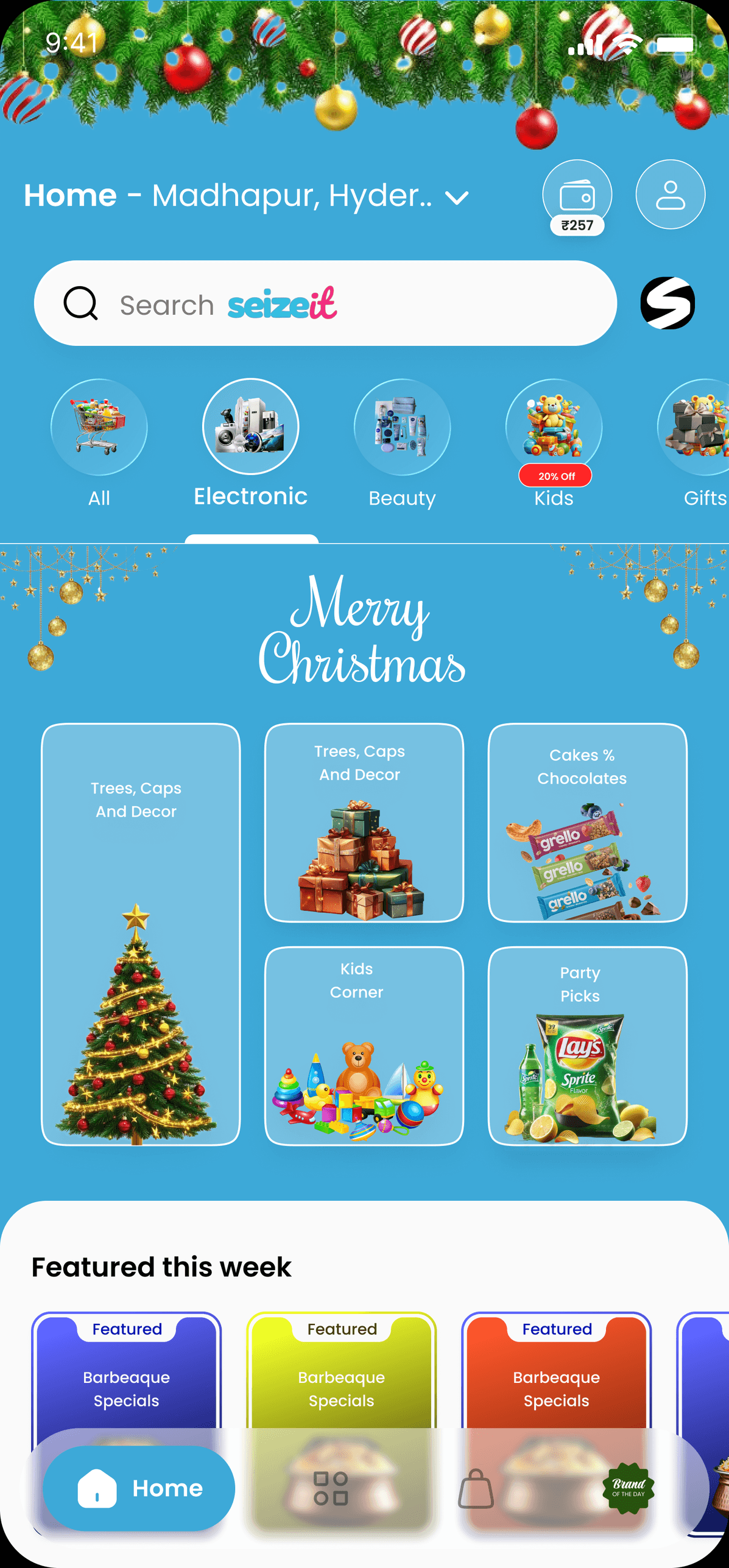 Seizeit app home screen showing categories and featured products
